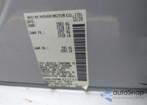 2021 Nissan Altima Sv Fwd z USA, uszkodzony, nr VIN 1N4BL4DV6MN325733